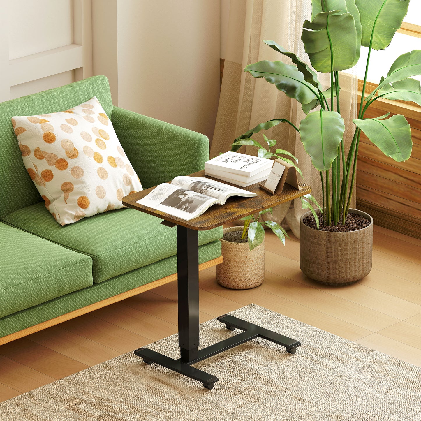 Pneumatic Standing Desk Adjustable Height, Mobile Stand Up Desk with Wheels, 43 Inch Rolling Table, Rustic Brown