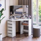 Corner Dressing Table, Makeup Desk with 3-piece Mirror and 5 Drawers, White