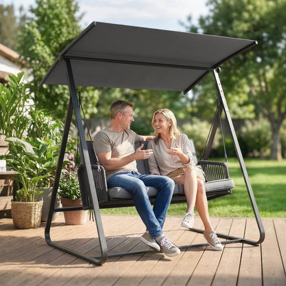 2-Person Rattan Porch Swing with Adjustable Canopy