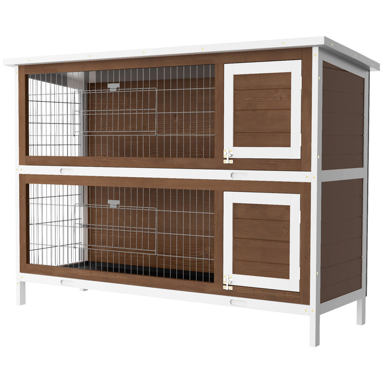2-Tier Brown Wooden Rabbit Hutch with Run