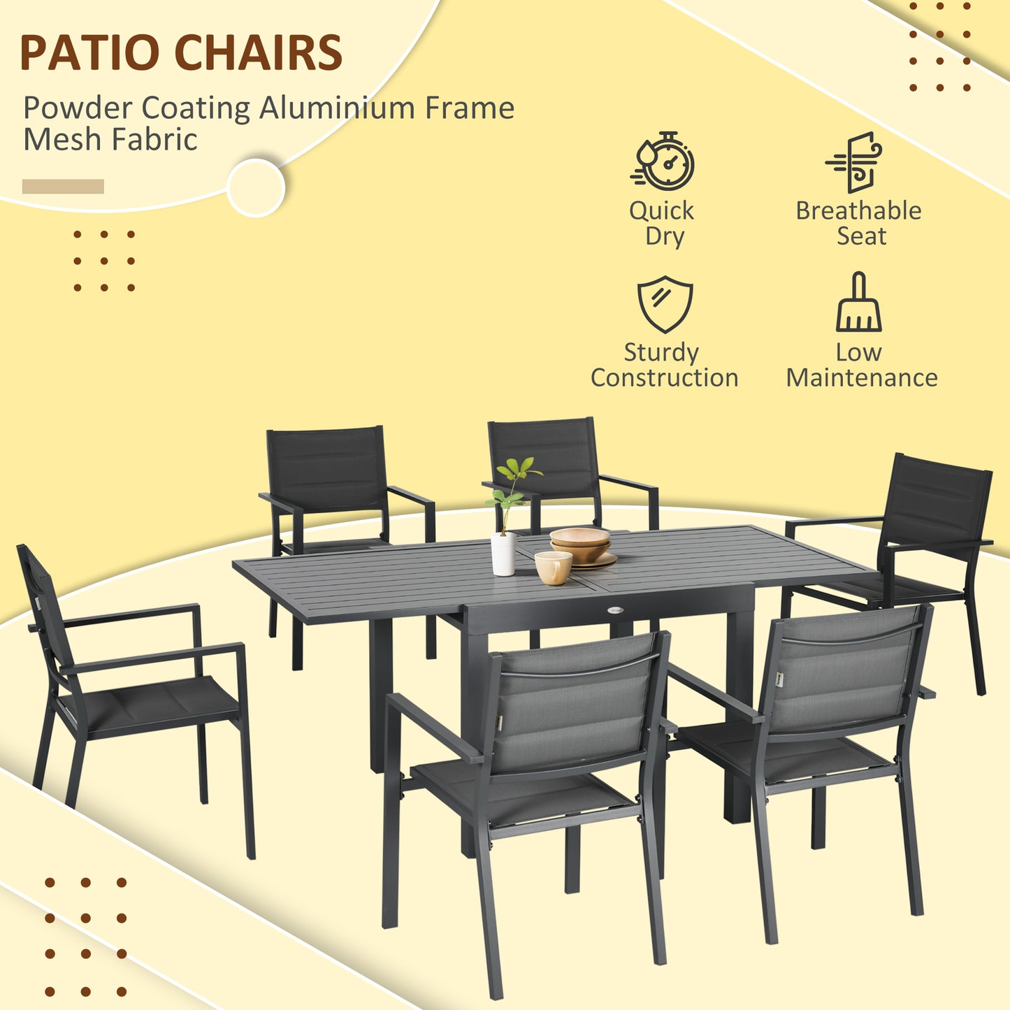 Patio Dining Set for 6, Aluminum Expandable Outdoor Table and 6 Stackable Chairs with Padded Back, Mesh Seat, Black