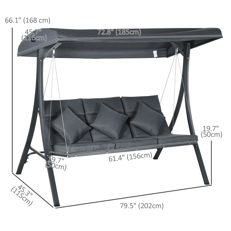 3-Person Porch Swing with Adjustable Canopy and Cushioned Seat