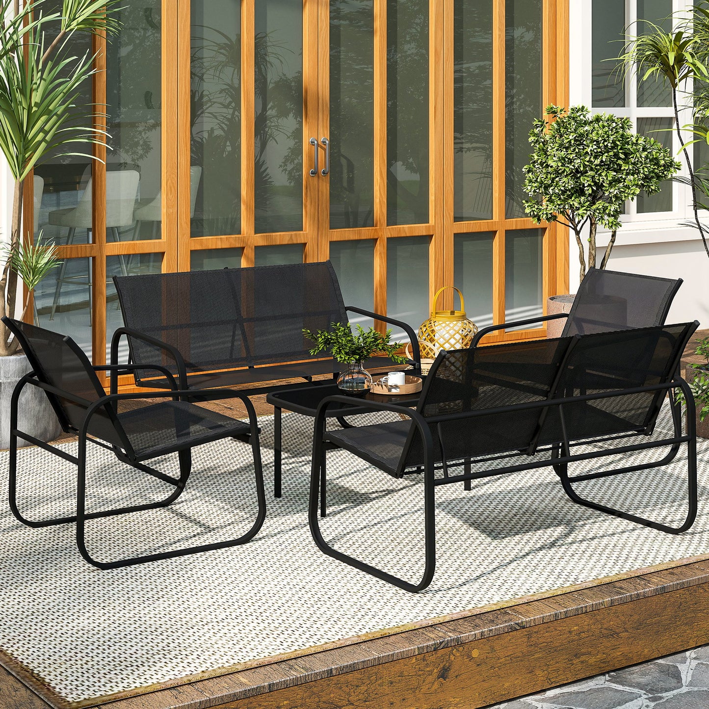 4 Piece Patio Furniture Set, Outdoor Conversation Set with 2 Loveseats, 2 Armchairs, Glass-Top Table, Black