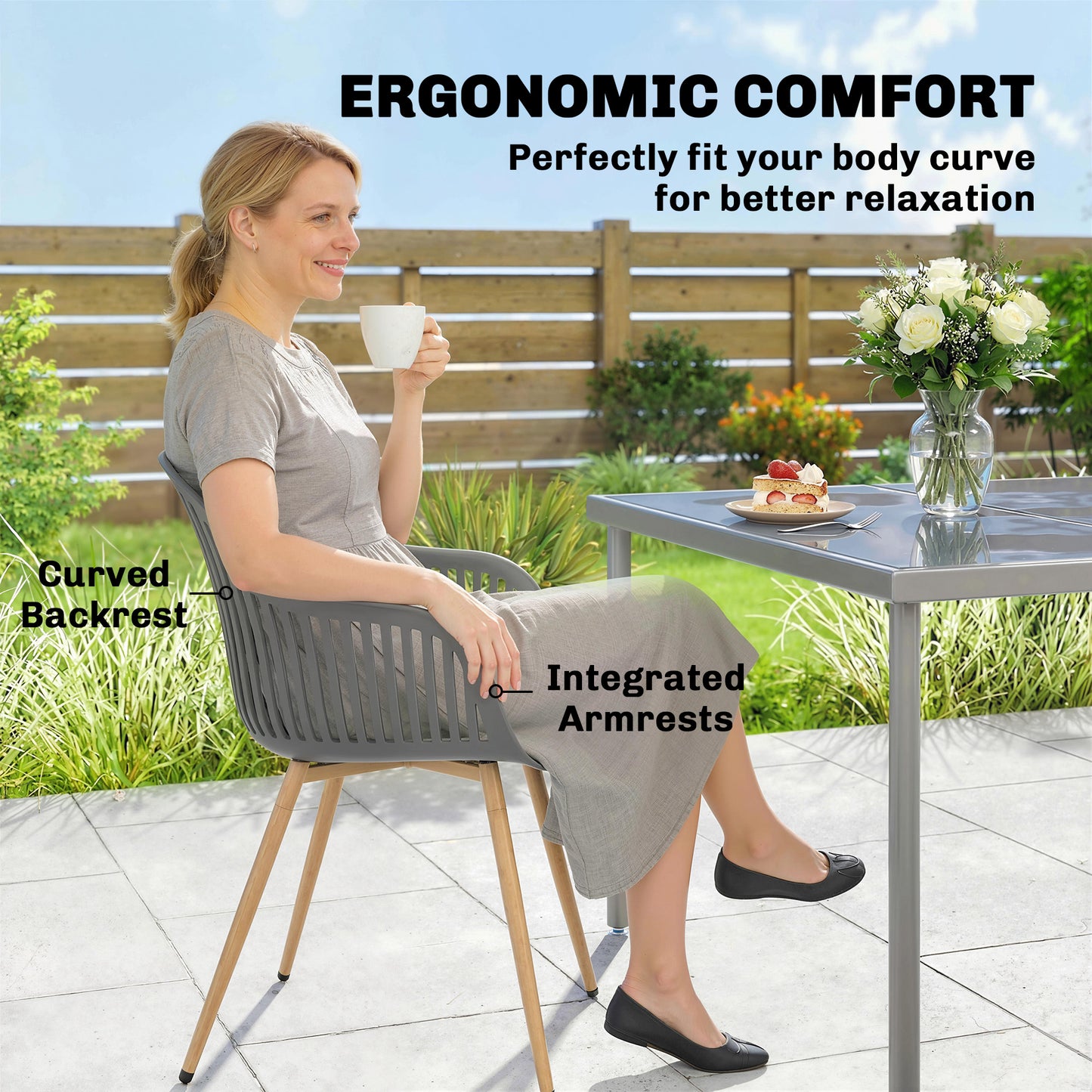 Outdoor Dining Chairs Set of 4, Patio Chairs with Slotted Backrest, Grey
