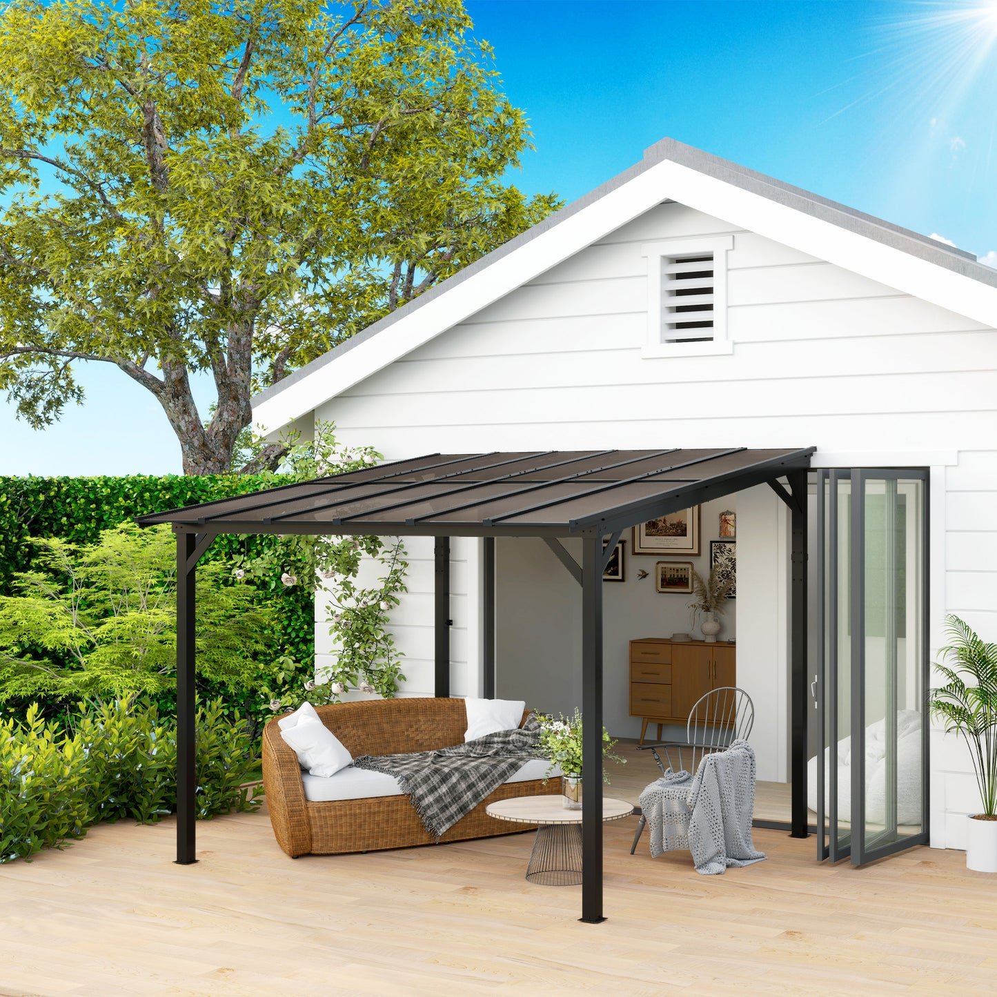 Hardtop Gazebo Wall-Mounted / Free Standing Outdoor Pergola with UPF 50+ & Waterproof Polycarbonate Roof - 10' x 10'