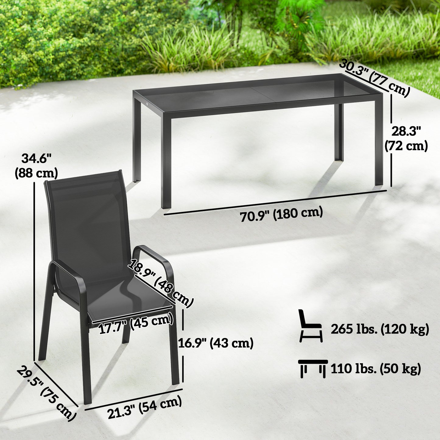 9 Pieces Patio Set with Stackable Chairs, Patio Dining Set with Glass Top for Garden, Patio, Backyard, Black