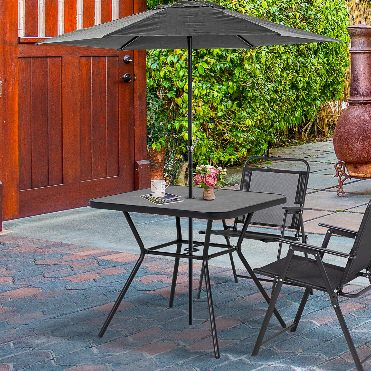 Square Outdoor Table, Patio Bistro Coffee Table with Faux-marbled Top and 42mm Umbrella Hole for Garden, Dark Grey