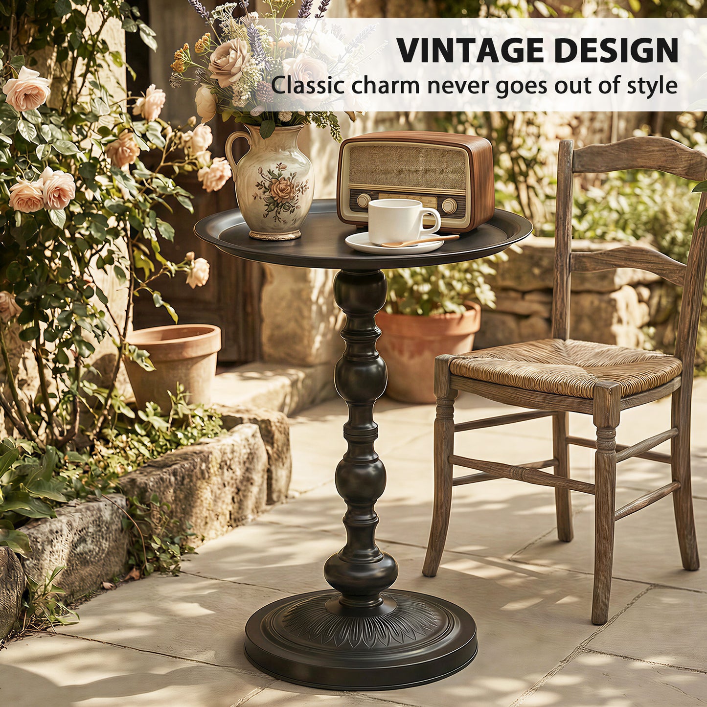 15.4" Round Outdoor Side Table, Tray Top Metal Patio Table with Retro Column Base for Indoor, Balcony, Garden, Black