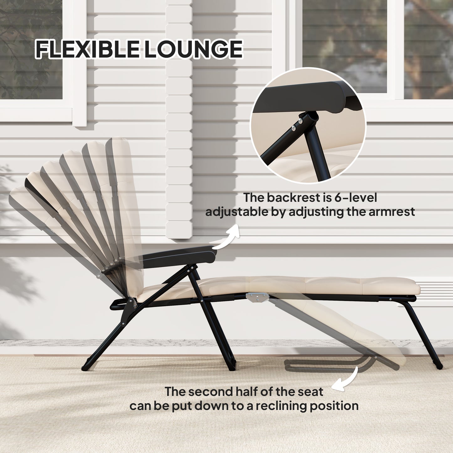 Foldable Lounge Chair, Reclining Patio Sun Lounger with 6-Position Adjustable Back, Black