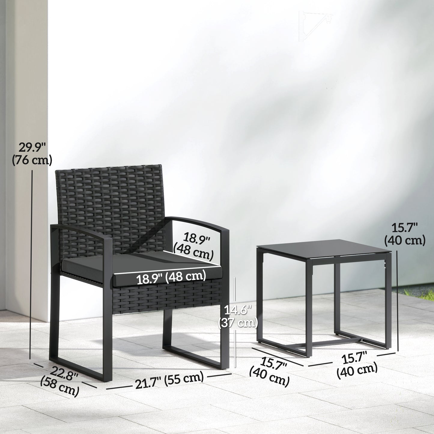 Outdoor Bistro Set, 3 Piece Wicker Patio Furniture Set with Glass Top Table and Cushions for Porch, Balcony, Black