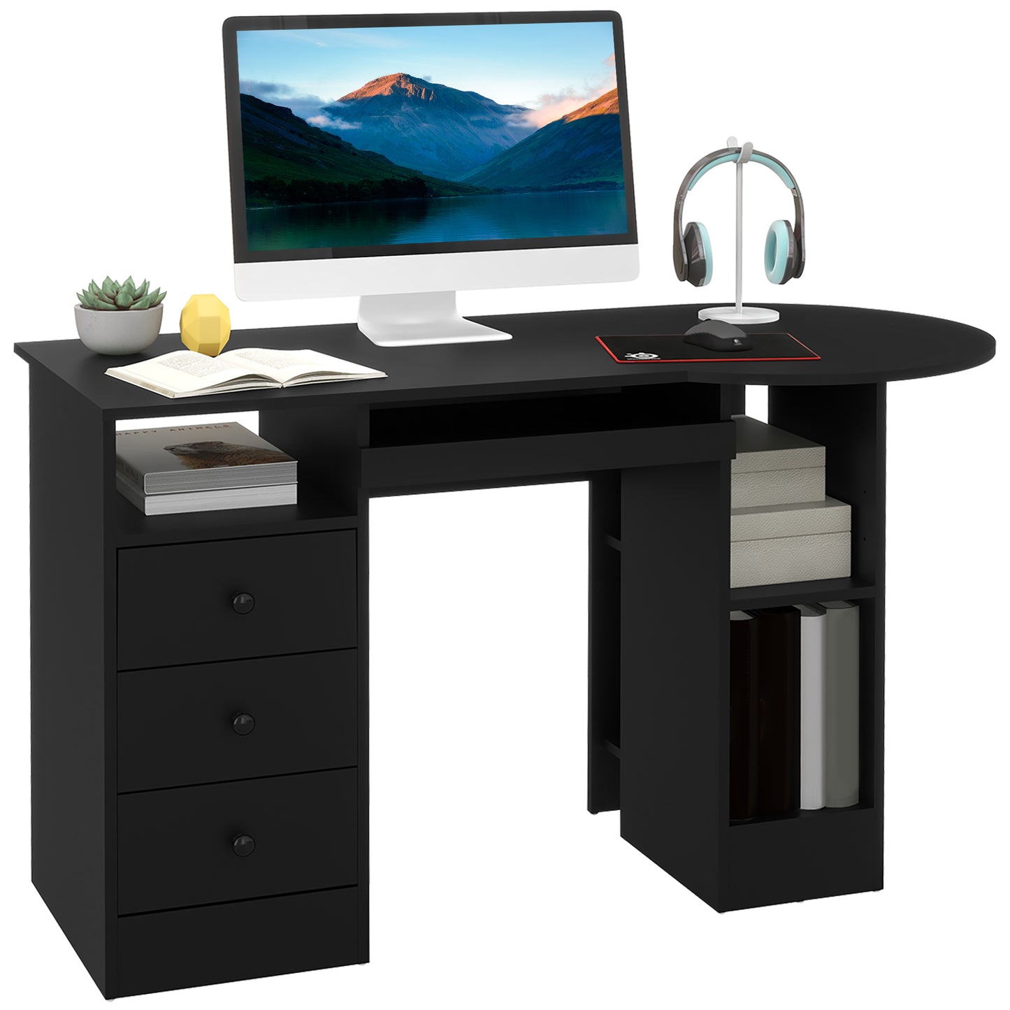 Computer Desk with Storage, Home Office Laptop Table with Shelves and Drawers, Modern Workstation Desk with Keyboard Tray for Study, Living Room, Black