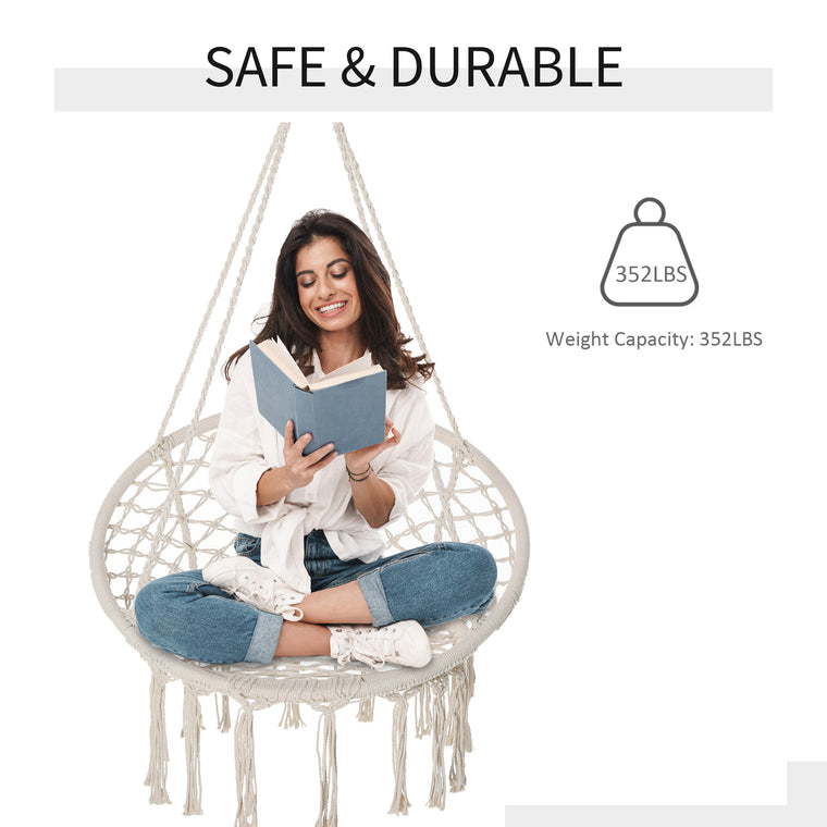 Cream White Hanging Rope Hammock Chair with Backrest
