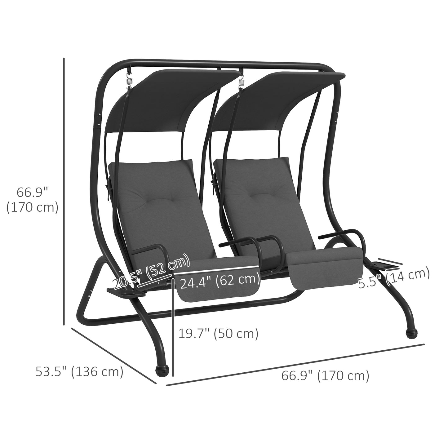 2-Seater Outdoor Porch Swing with Canopy, Patio Swing Chair for Garden, Poolside, Backyard, Black