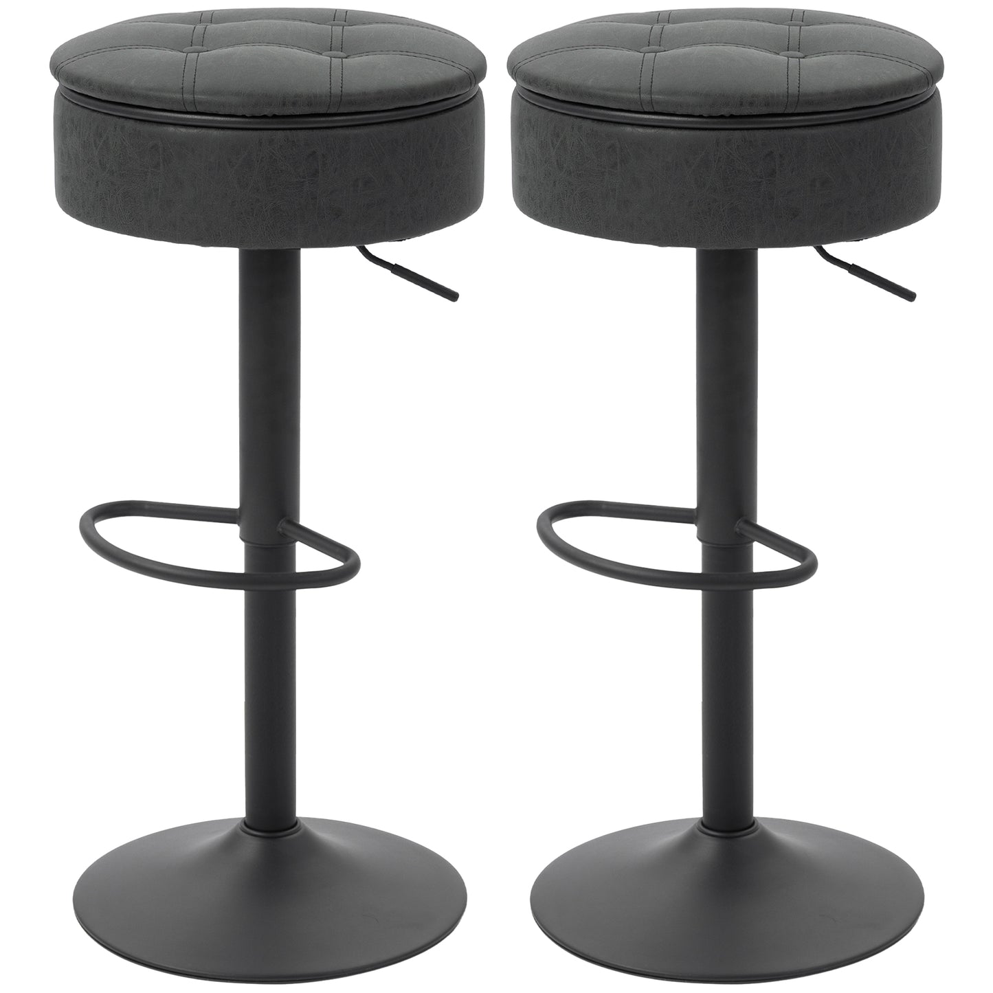 Set of 2 Barstools with Storage, Swivel Bar Stools with PU Leather Upholstered, Footrest, Steel Base, Black