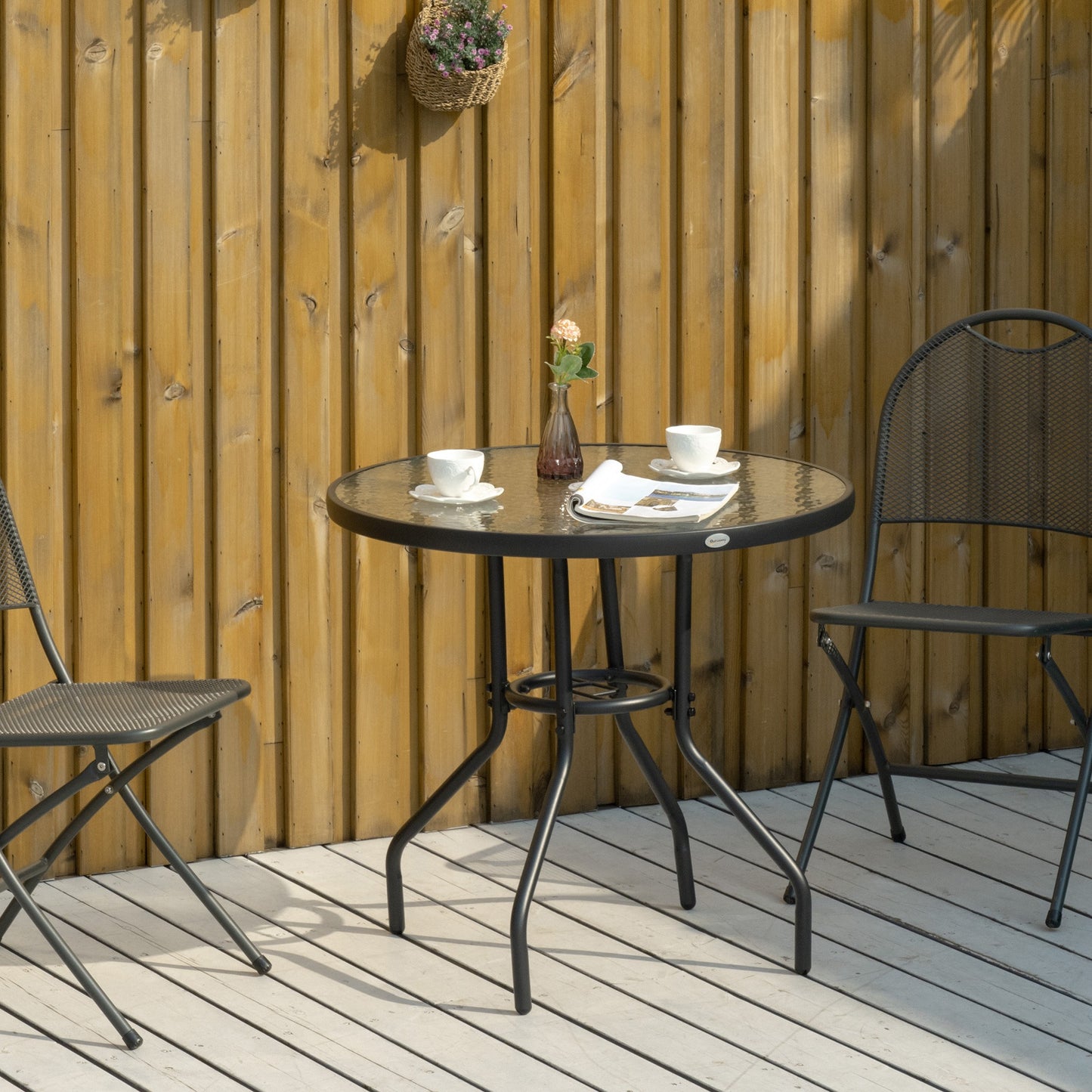 31.5" Round Outdoor Dining Table Coffee Side Bistro Table with Umbrella Hole, Glass Top, Steel Frame for Garden, Patio