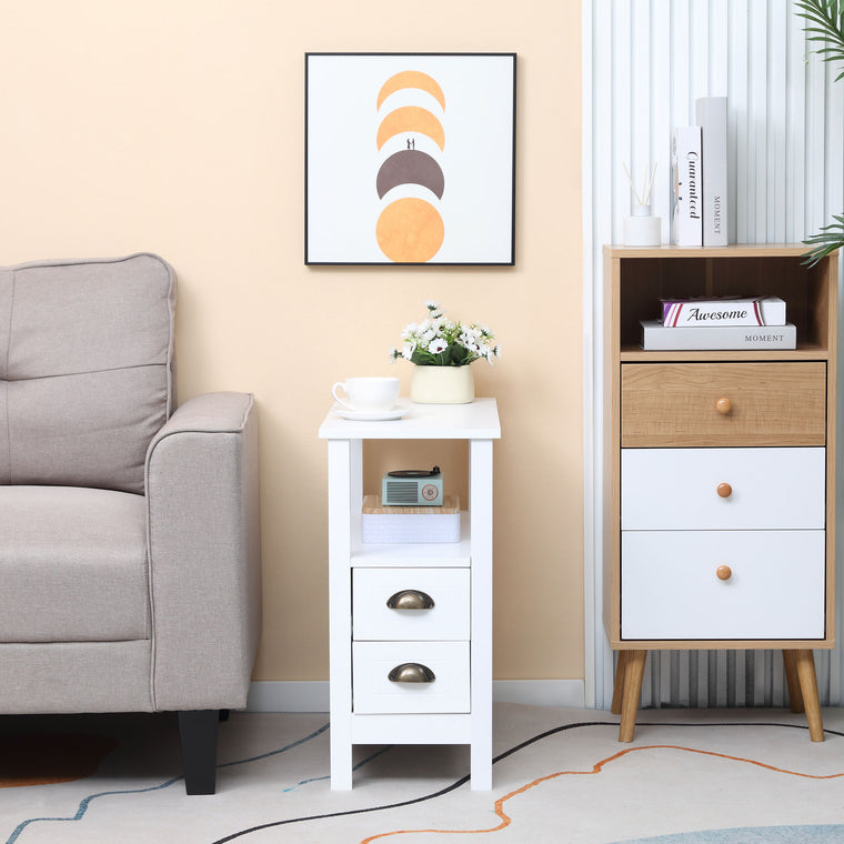 Slim End Table with 2 Drawers and Shelf - White