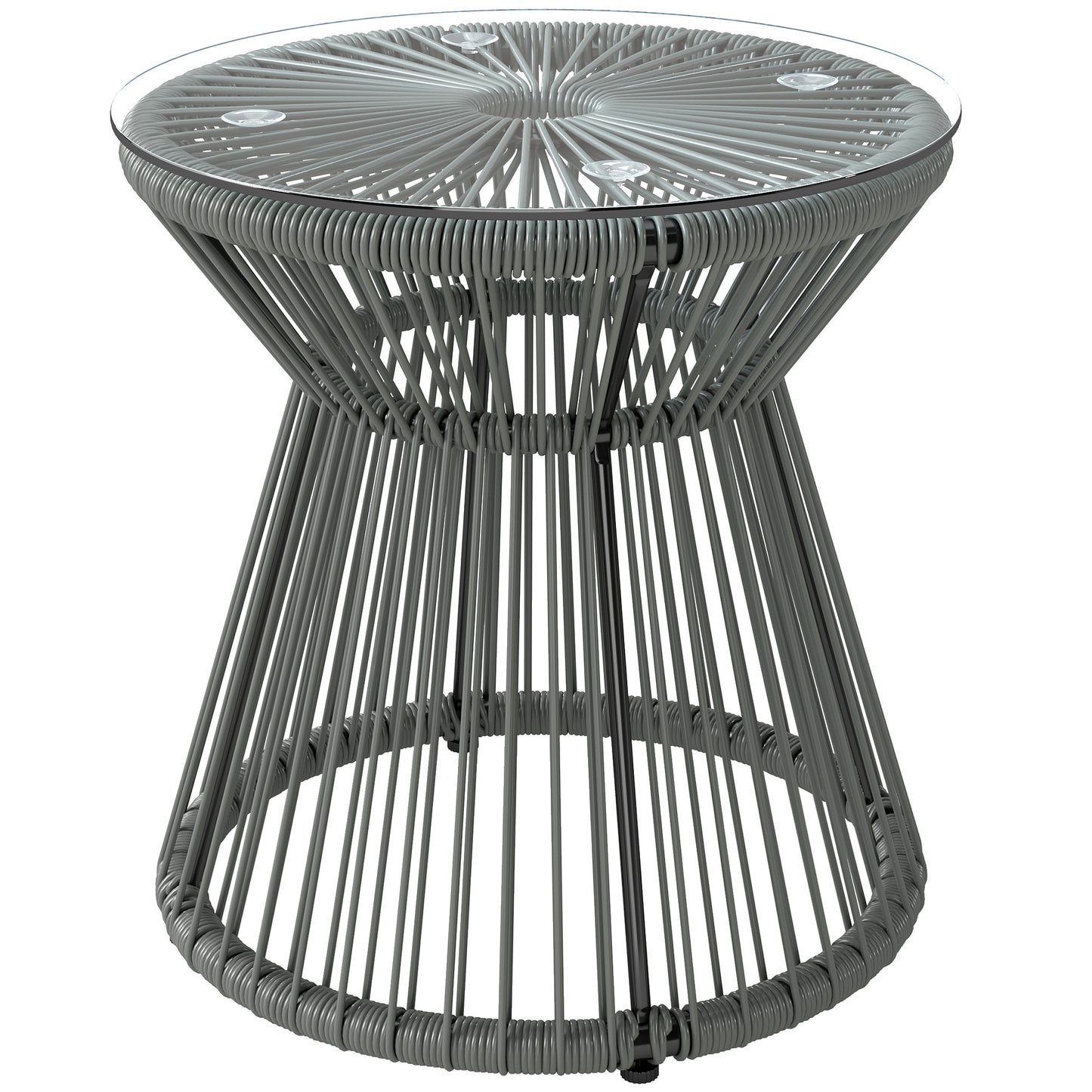 Round End Table, Rattan Side Table, Hollow Drum Design Coffee Table w/ Glass Top for Patio, Garden, Balcony, Dark Grey