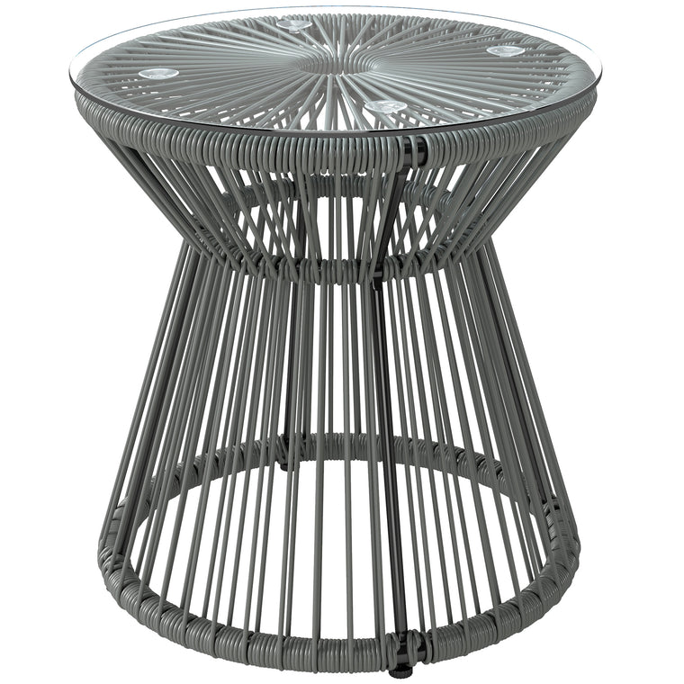 Round Rattan Drum End Table with Glass Top