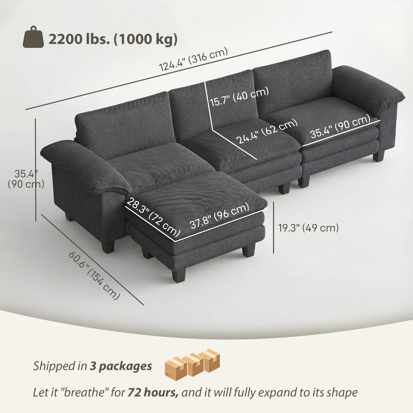 Deep-Seat L-Shape Sectional Sofa with Storage Ottoman - Dark Grey