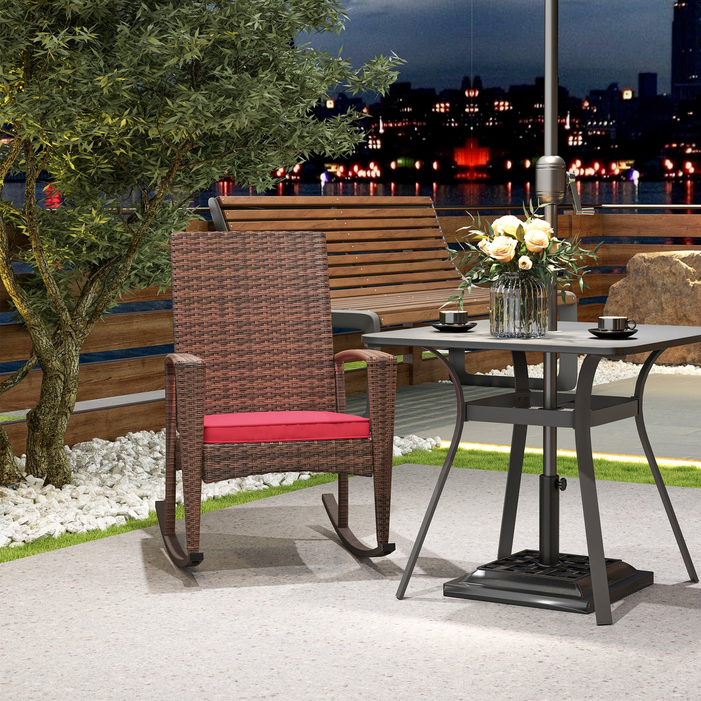 Outdoor PE Rattan Rocking Chair, Garden Glider Rocking Chair, Wicker Patio Chair Set with Armrest and Cushion, Wine Red