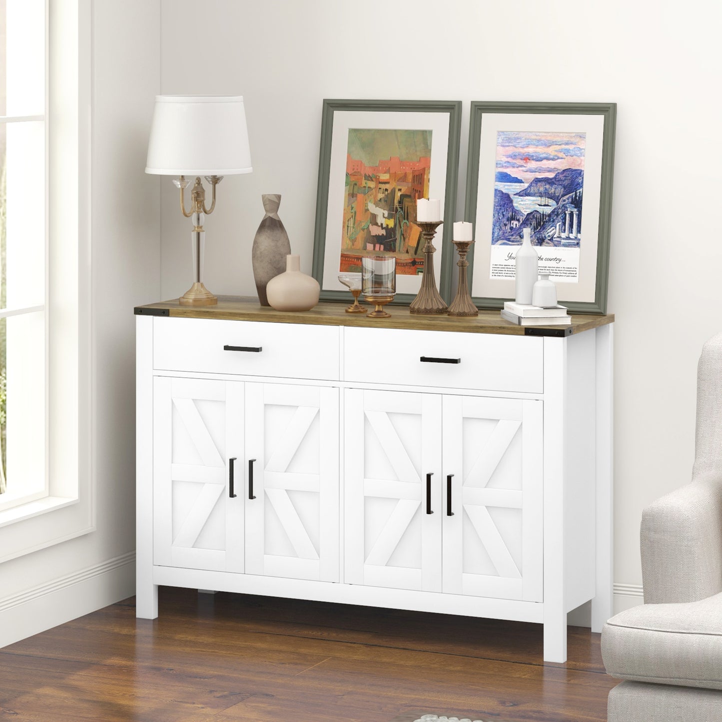 Sideboard Buffet Cabinet, Farmhouse Kitchen Storage Cabinet w/ 2 Drawers and Shelves for Living Room, Entryway