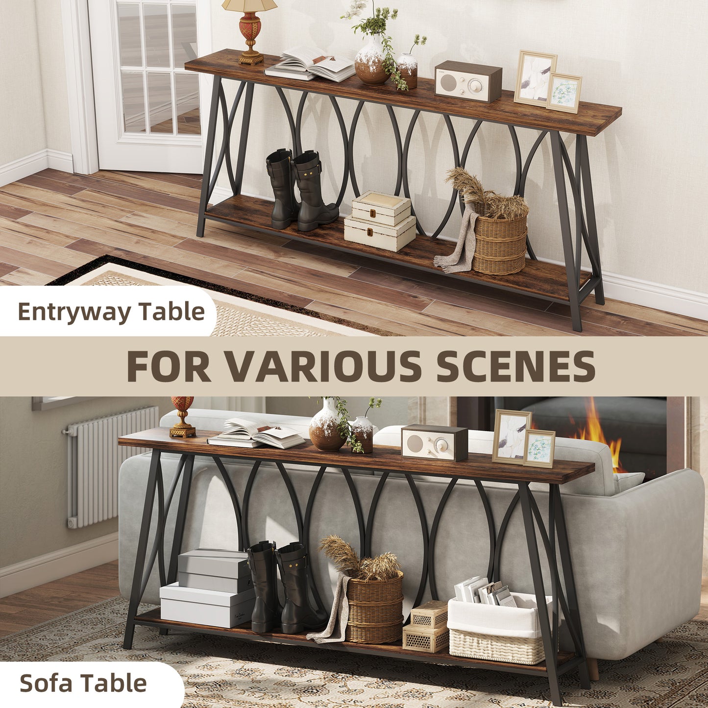 71" Console Table, Industrial 2-Tier Narrow Entryway Table with Metal Frame for Living Room, Hallway, Rustic Brown