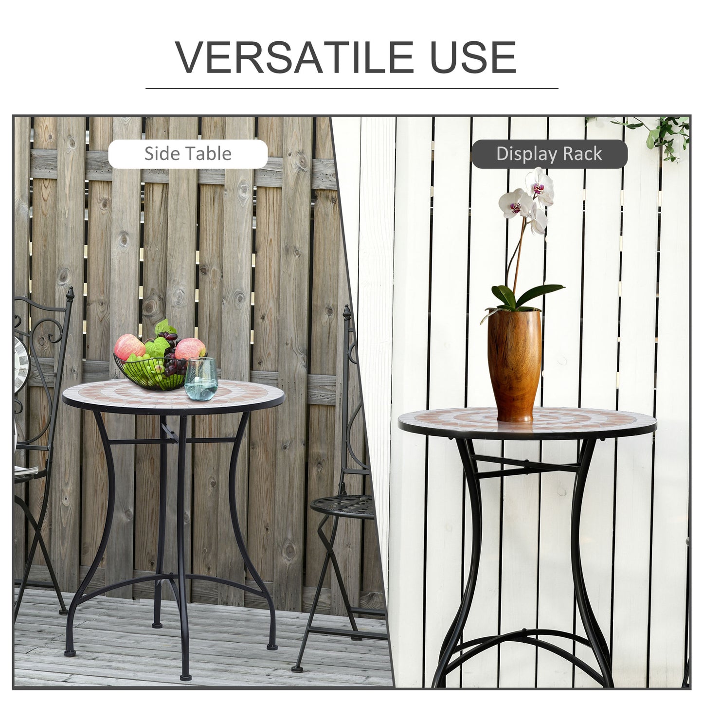 23.5" Mosaic Round Patio Table, Metal Side Bistro Coffee Table, Outdoor Furniture, Ceramic Tabletop for Garden Lawn