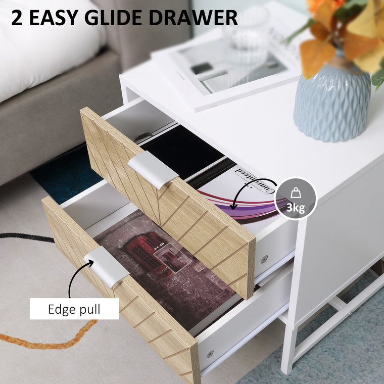 Nightstand with 2 Drawers and Steel Frame - White and Oak