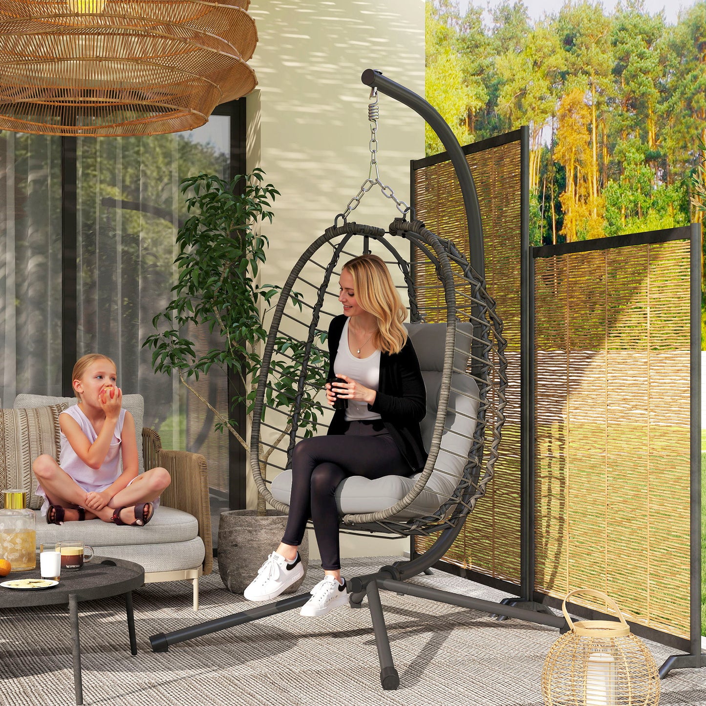 Hanging Egg Chair with Stand, Foldable Wicker Rattan Swing Chair with Thick Cushion, Headrest, Light Grey