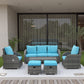 6 Pieces Patio Furniture with Cushions, PE Wicker Sectional Furniture Conversation Set with a 3-Seat Sofa, 2 Recliner Chairs, 2 Footstools, Table, Sky Blue