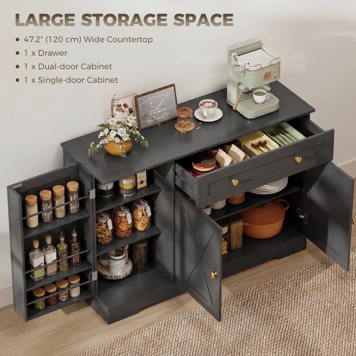 Sideboard Buffet Cabinet, Farmhouse Coffee Bar Cabinet with Door Shelves, Adjustable Shelves, Drawer, Barn Doors, Black