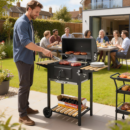 20" Charcoal BBQ Grill with Adjustable Pan & 3 Shelves