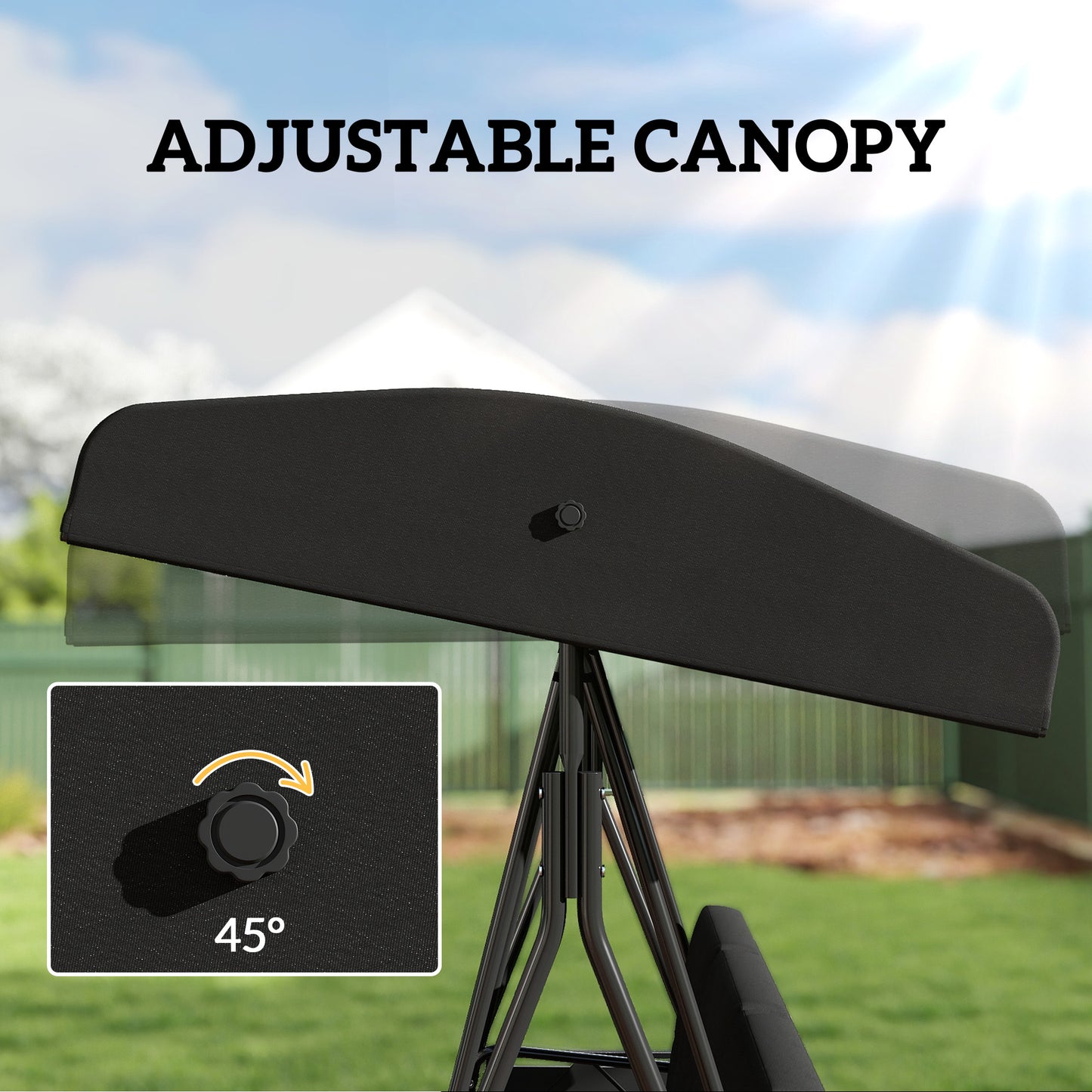 3-Seat Outdoor Porch Swing Patio Swing with Adjustable Canopy, Side Tray, Removable Cushion for Garden, Poolside, Black