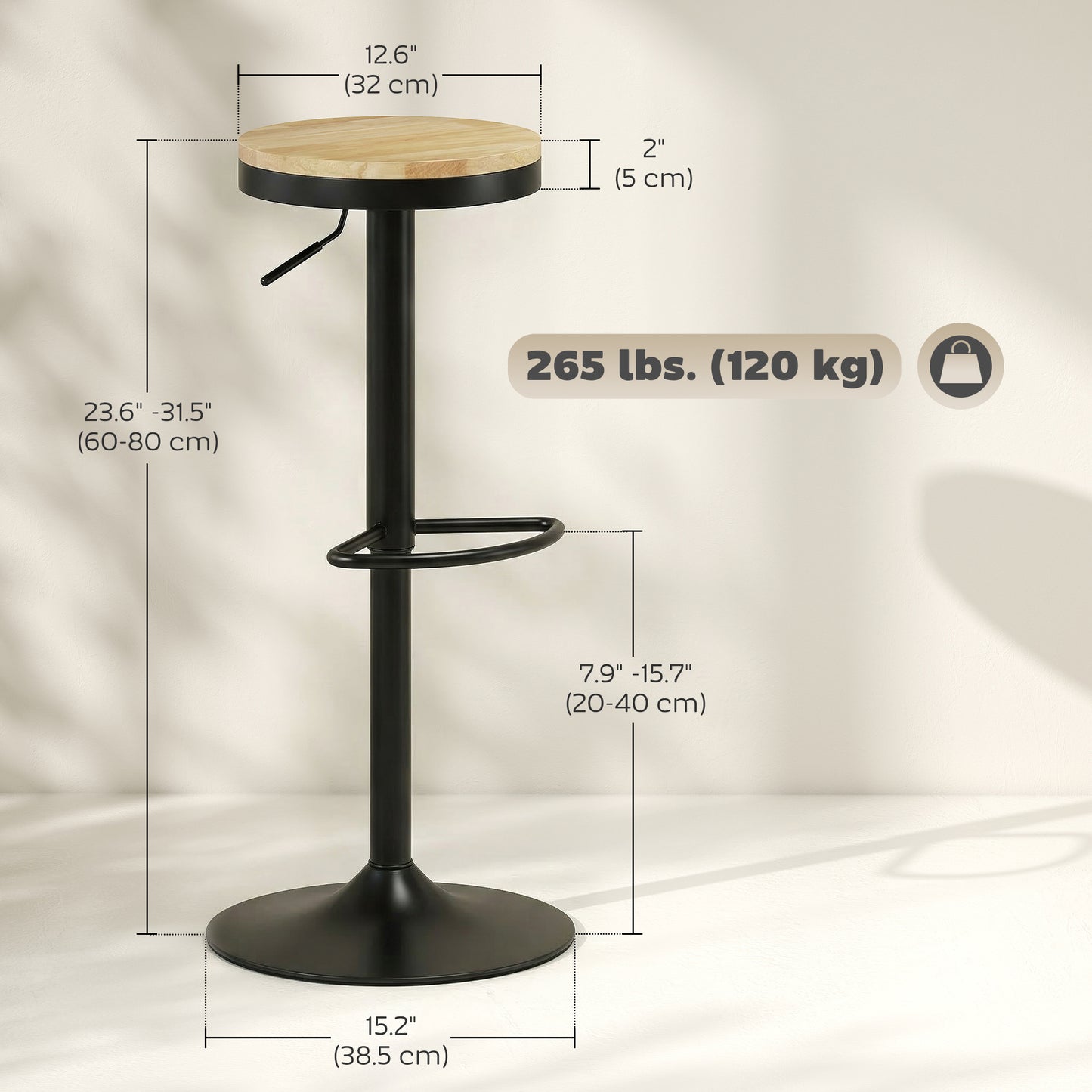 Wood Barstools Set of 2, Swivel Bar Stools with Adjustable Height for Kitchen Counter, Natural Wood and Black