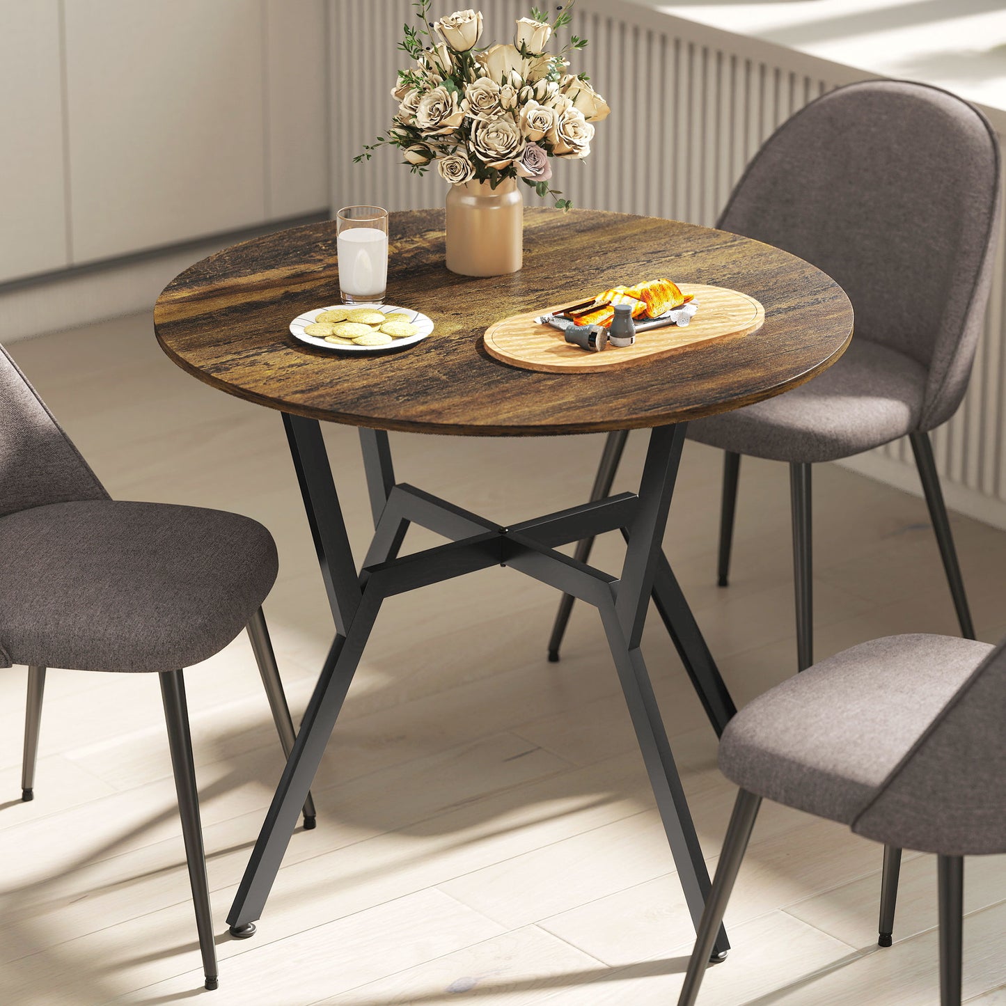 35" Round Dining Table, Modern Dining Room Table with Steel Frame, Space Saving Small Kitchen Table, Rustic Brown