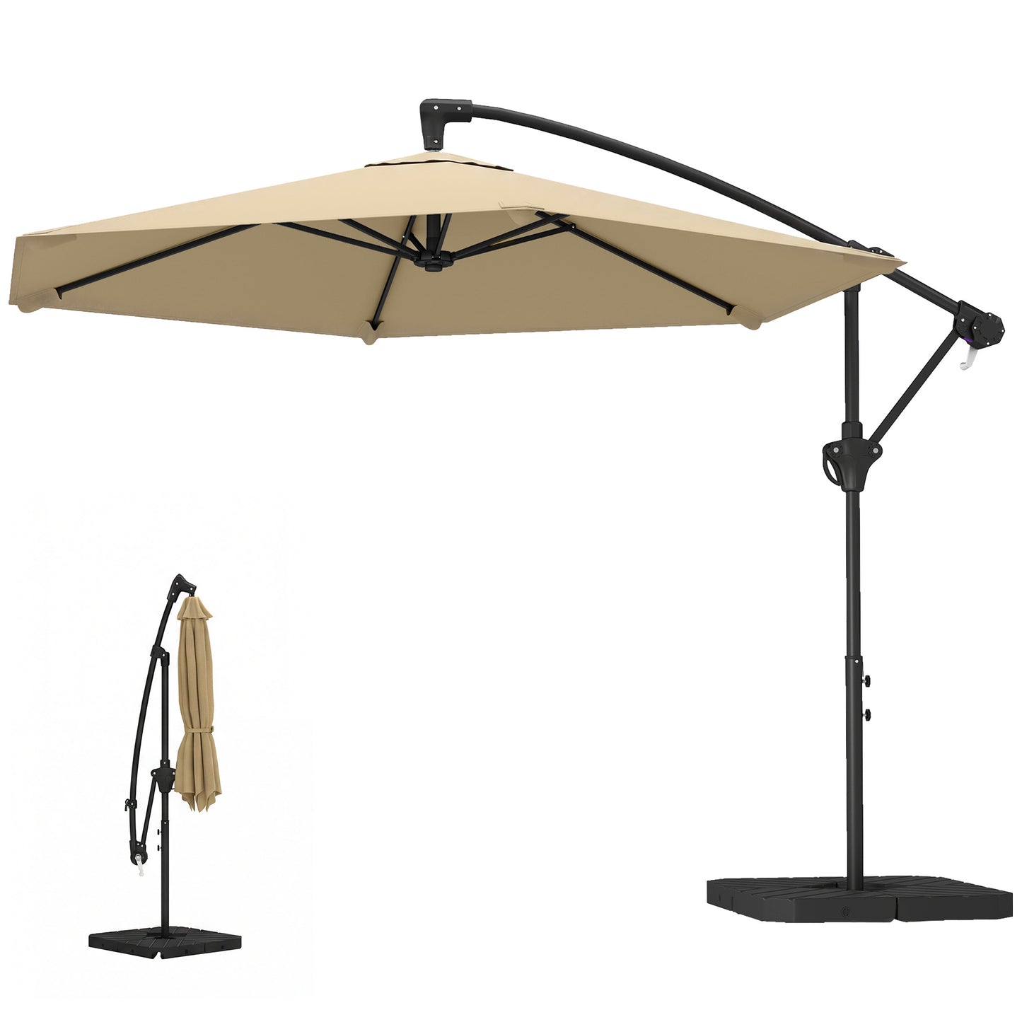 9.7 ft Offset Patio Umbrella with Water/Sand Fillable Weights, Garden Hanging Parasol with Locking Latch, Khaki