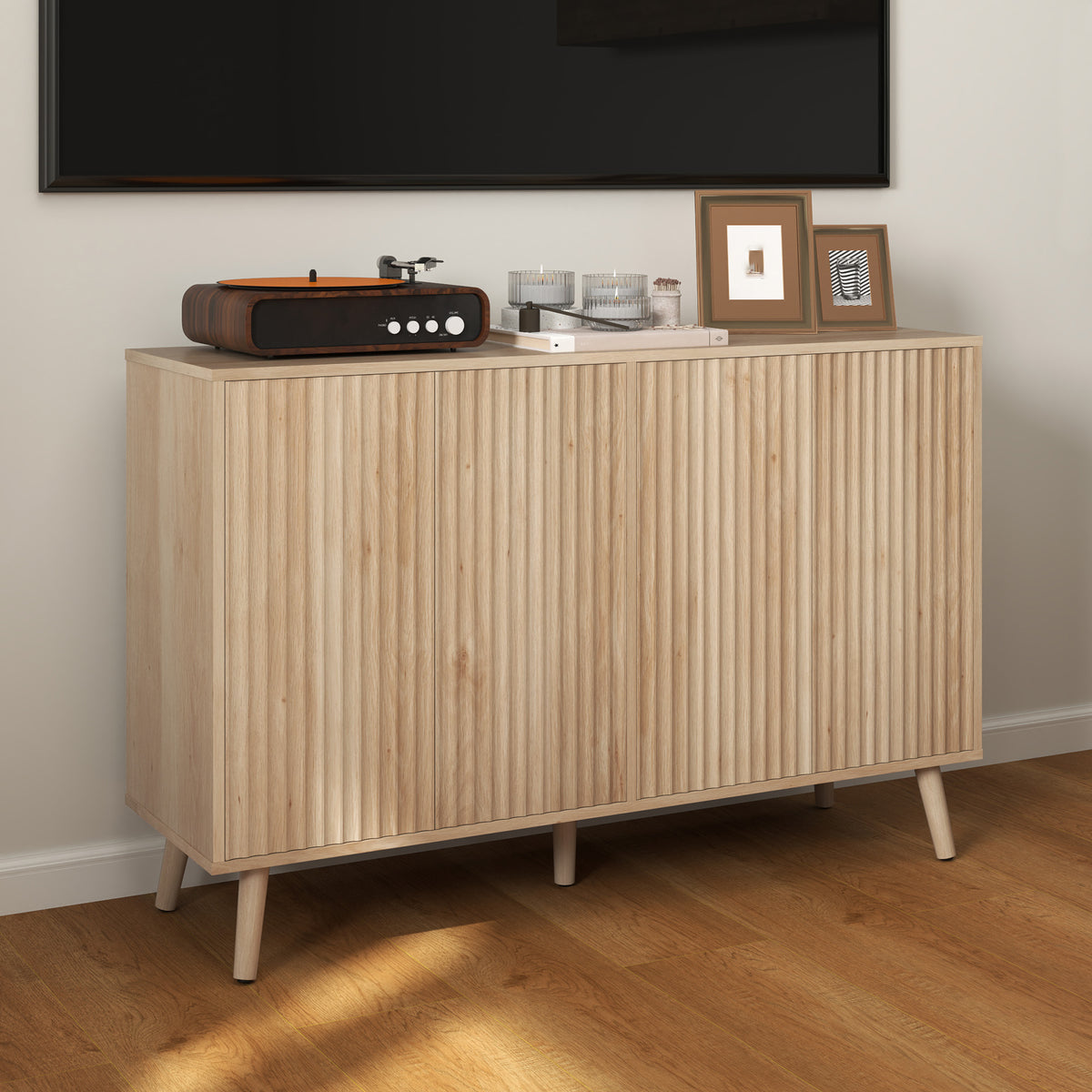 Buffet Cabinet with Storage Modern Fluted Sideboard with Adjustable Shelves Wood Legs for Dining Room Living Room Oak