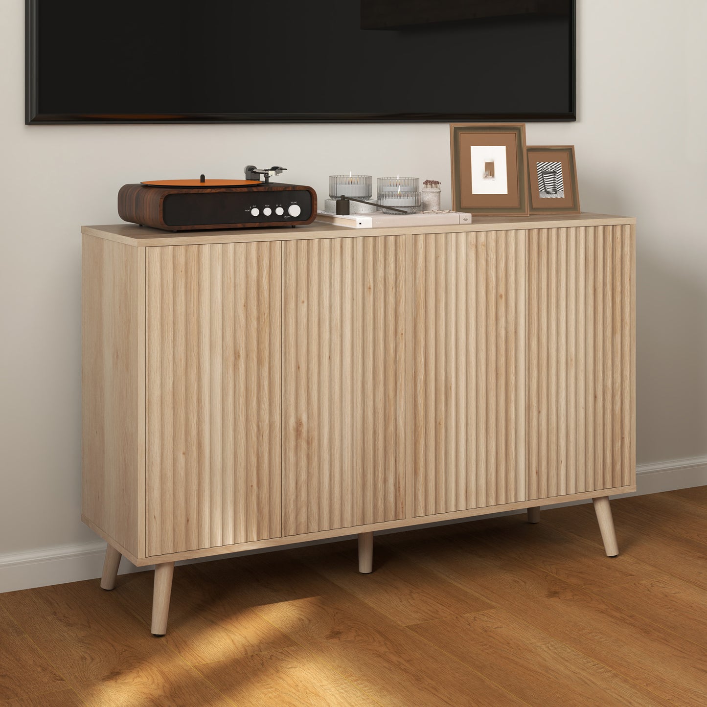 Buffet Cabinet with Storage Modern Fluted Sideboard with Adjustable Shelves Wood Legs for Dining Room Living Room Oak