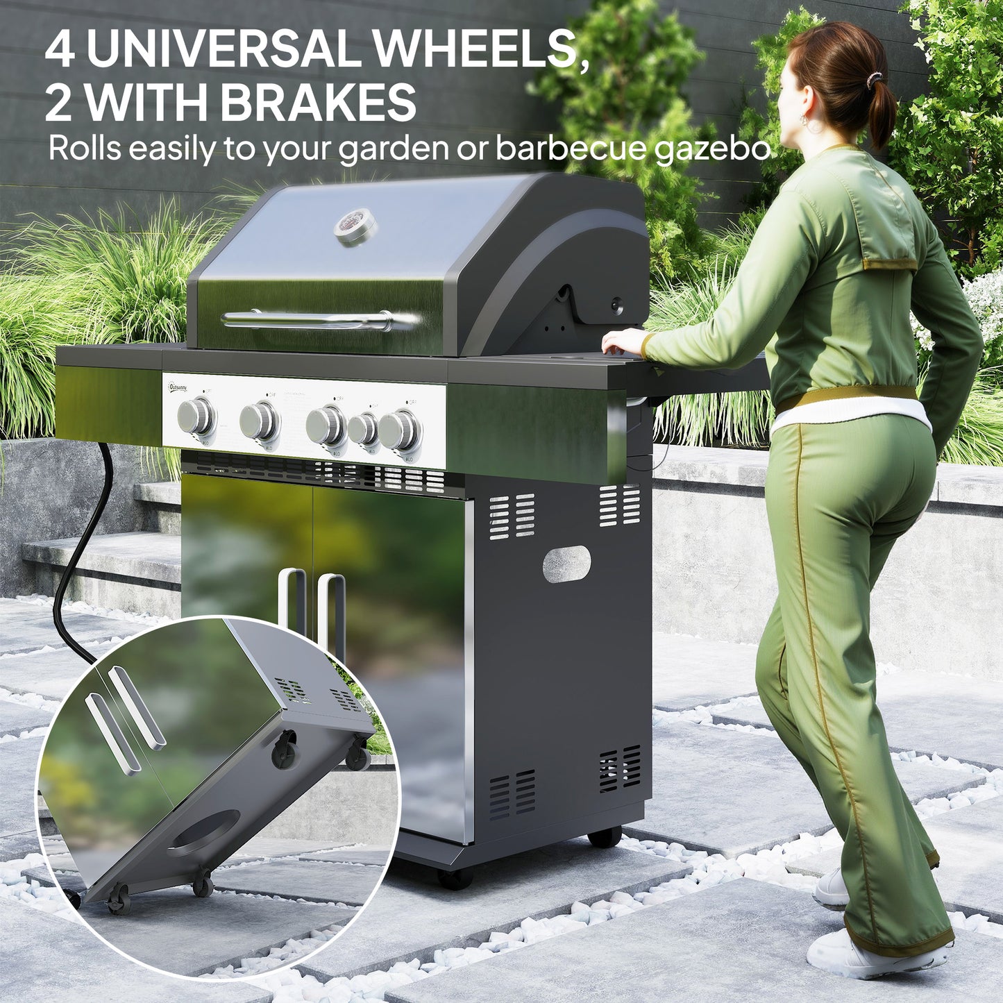 4+1 Burner Liquid Propane Gas Grill Outdoor Portable BBQ with Side Burner, Warming Rack, Side Shelf, Storage Cabinet, Thermometer, 4 Wheels, Tank Holder, Silver