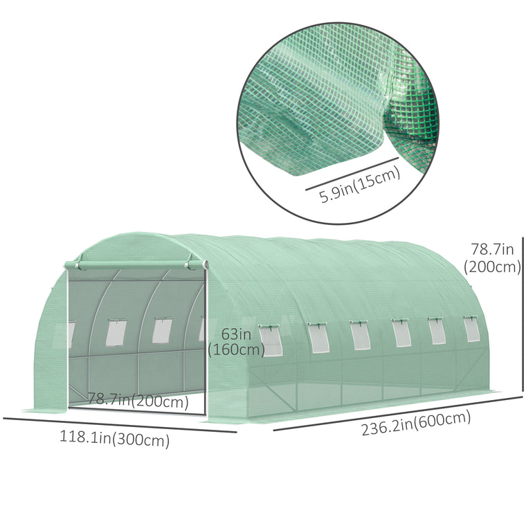 19.7' x 9.8' x 6.6' Green Walk-In Greenhouse with Windows & Door