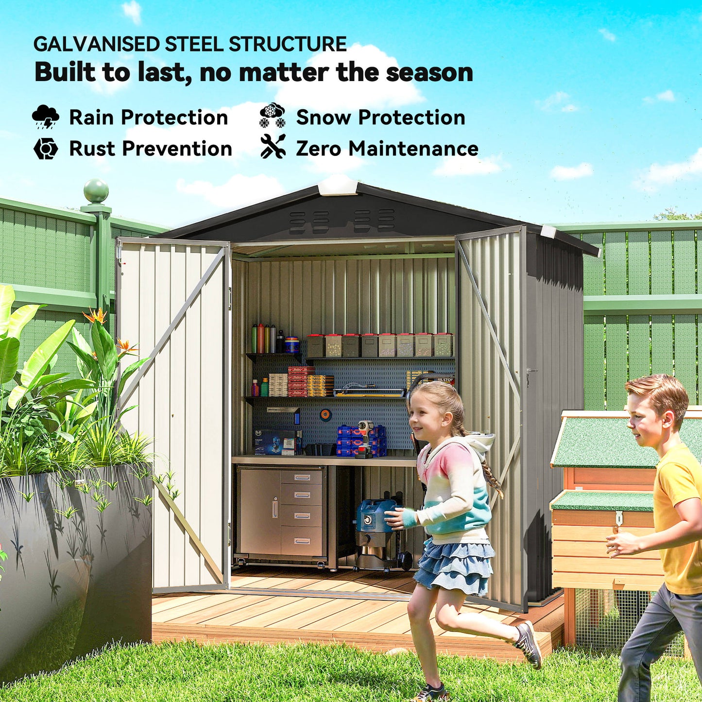 6.5' x 4' Metal Garden Shed with Lockable Doors - Light Grey
