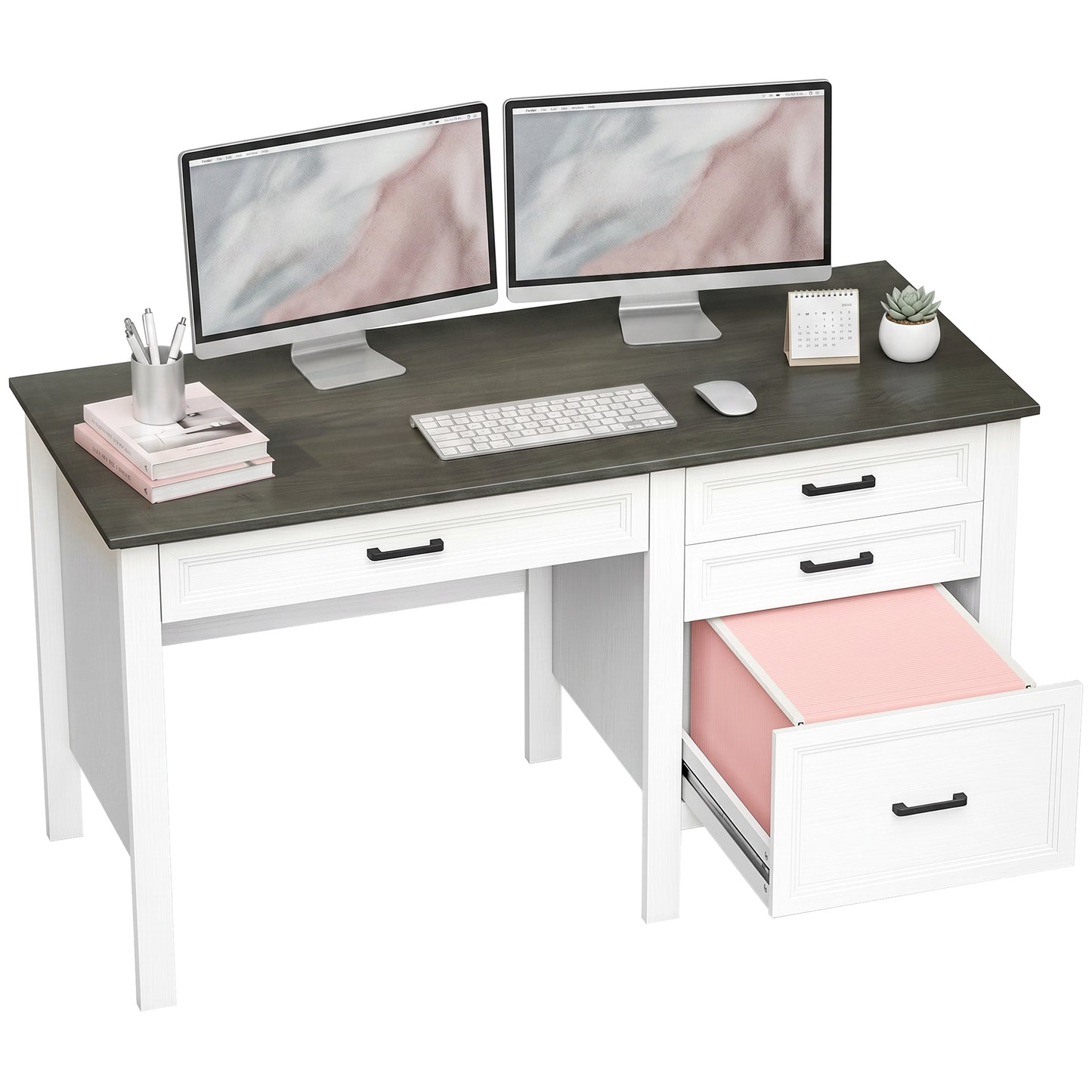 54" Farmhouse Executive Desk, Computer Desk with Drawers, Adjustable Hanging Rails for for A4/Letter Size Files, White