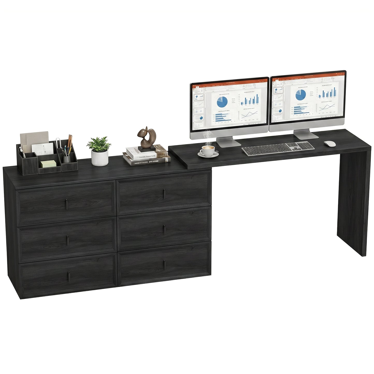 L Shaped Computer Desk Home Office Desk with 6 Drawers Black Wood Grain