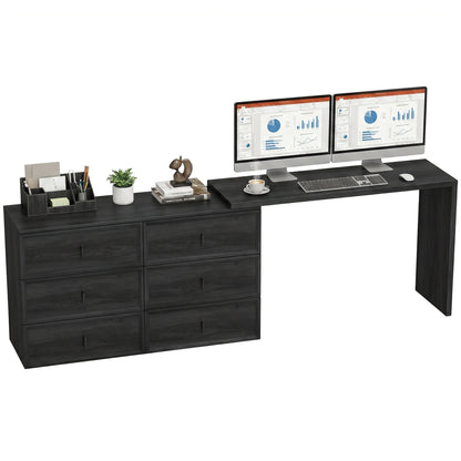 L-Shaped Computer Desk with 6 Drawers - Black Wood Grain