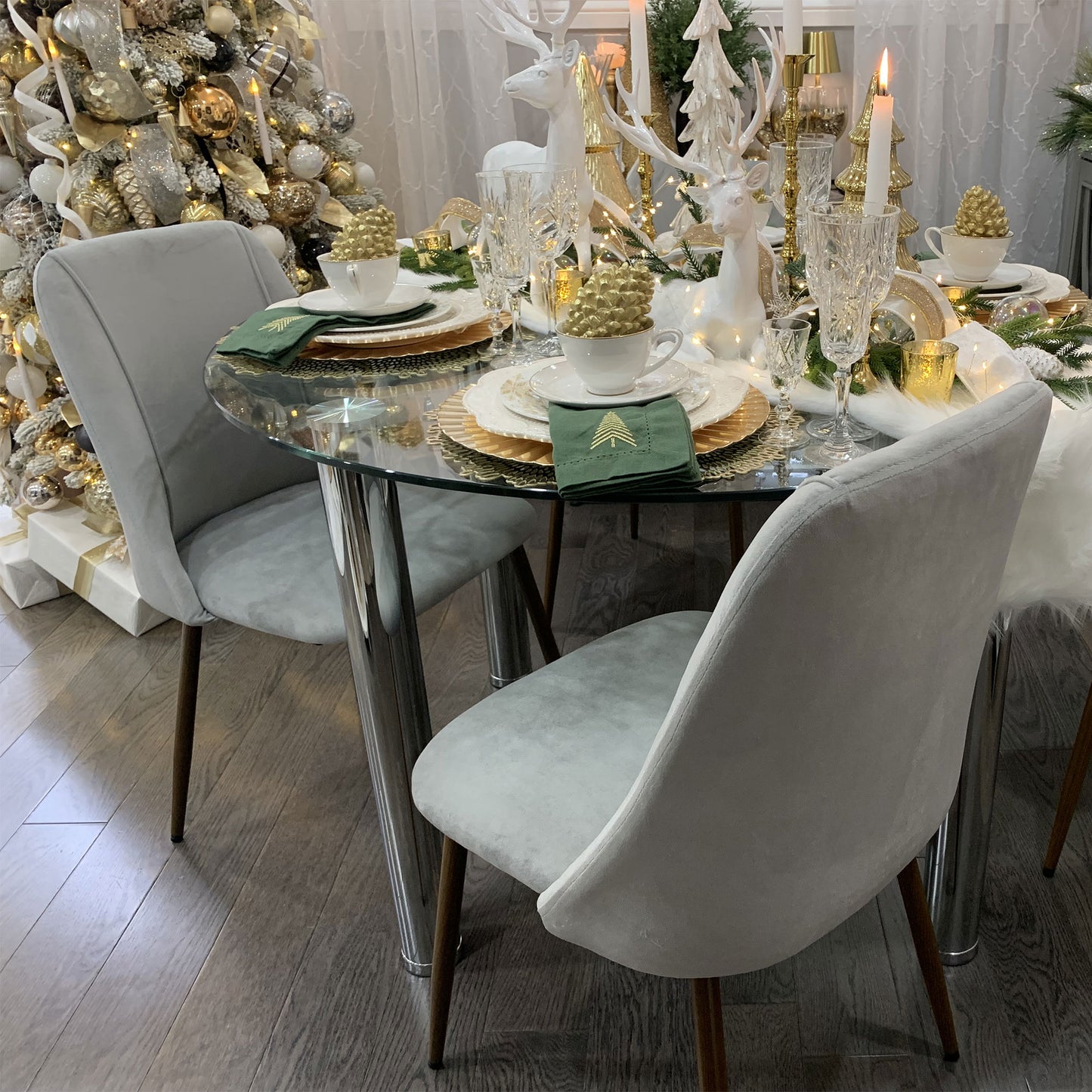 Upholstered Dining Chairs Set of 4, Velvet Accent Chair with Back and Wood-grain Steel Leg for Kitchen, Grey