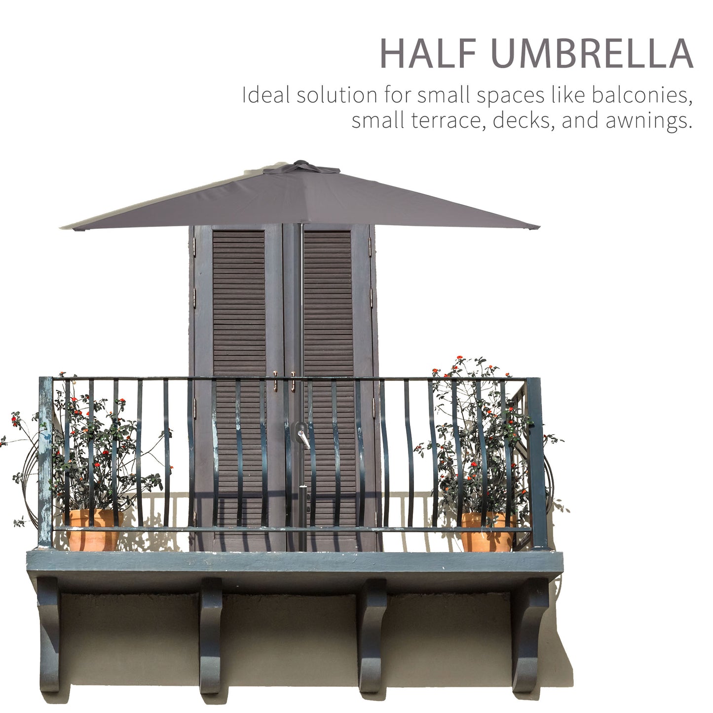 8ft Half Round Umbrella Outdoor Balcony Parasol Patio Garden Outdoor Window Sun Shade w/ 5 Ribs