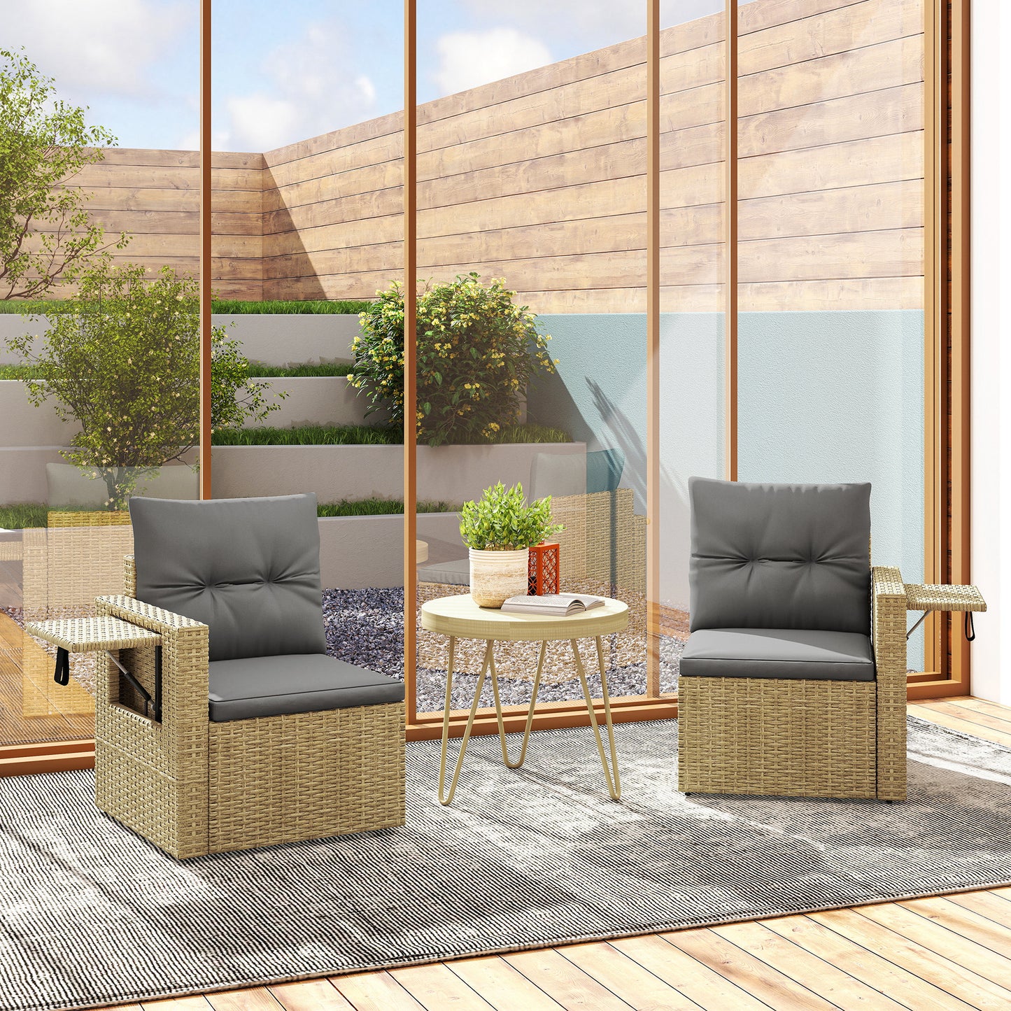 Wicker Outdoor Sofa with Side Trays, Rattan Patio Loveseat with Cushions for Garden Balcony, Light Grey