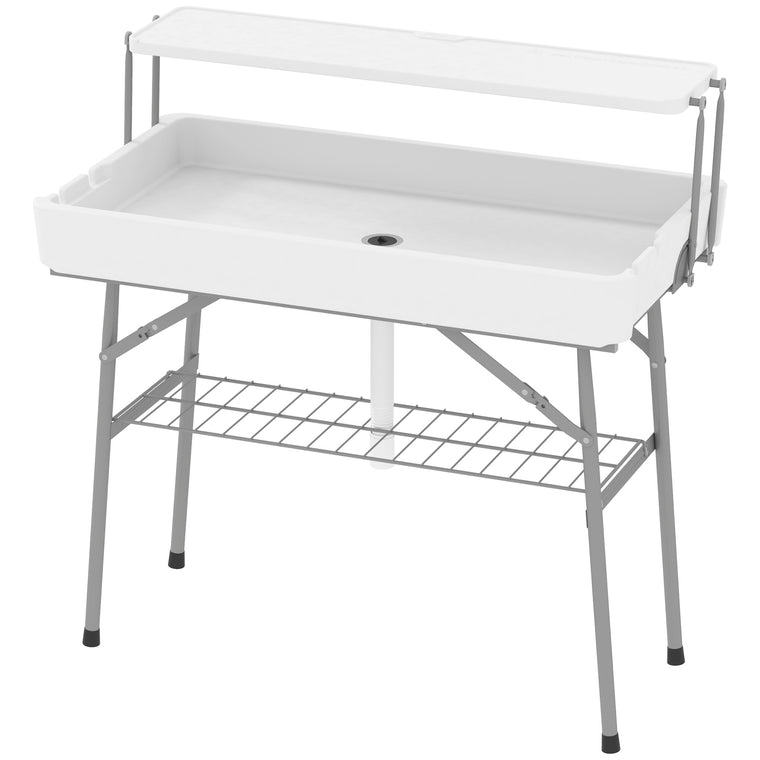 White 3.5ft Folding Ice Cooler Table with Storage Shelf