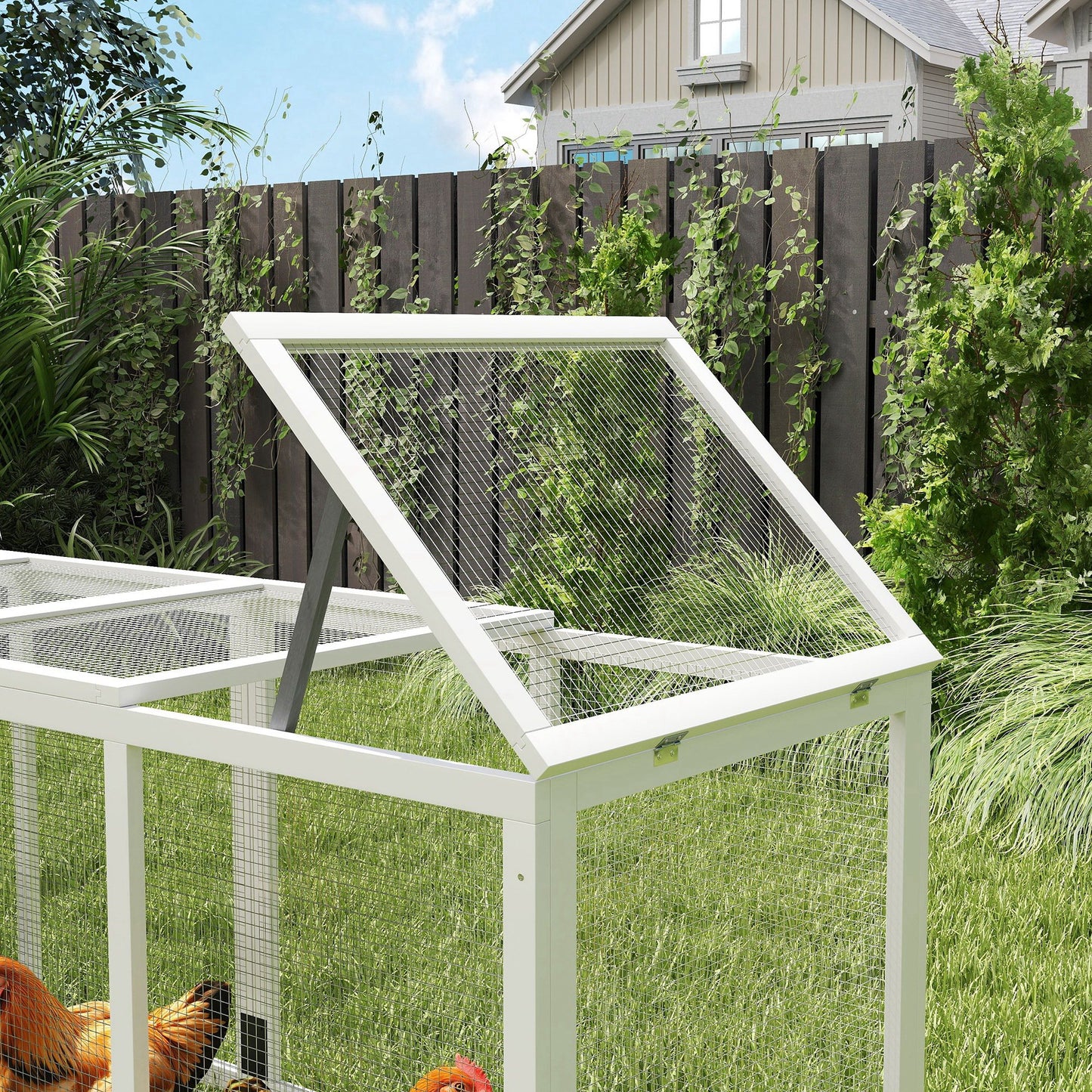 117" Extra Large Chicken Coop with Asphalt Roof, Wooden Hen House with Slide-out Tray, Quail Hutch with Nesting Box, Grey