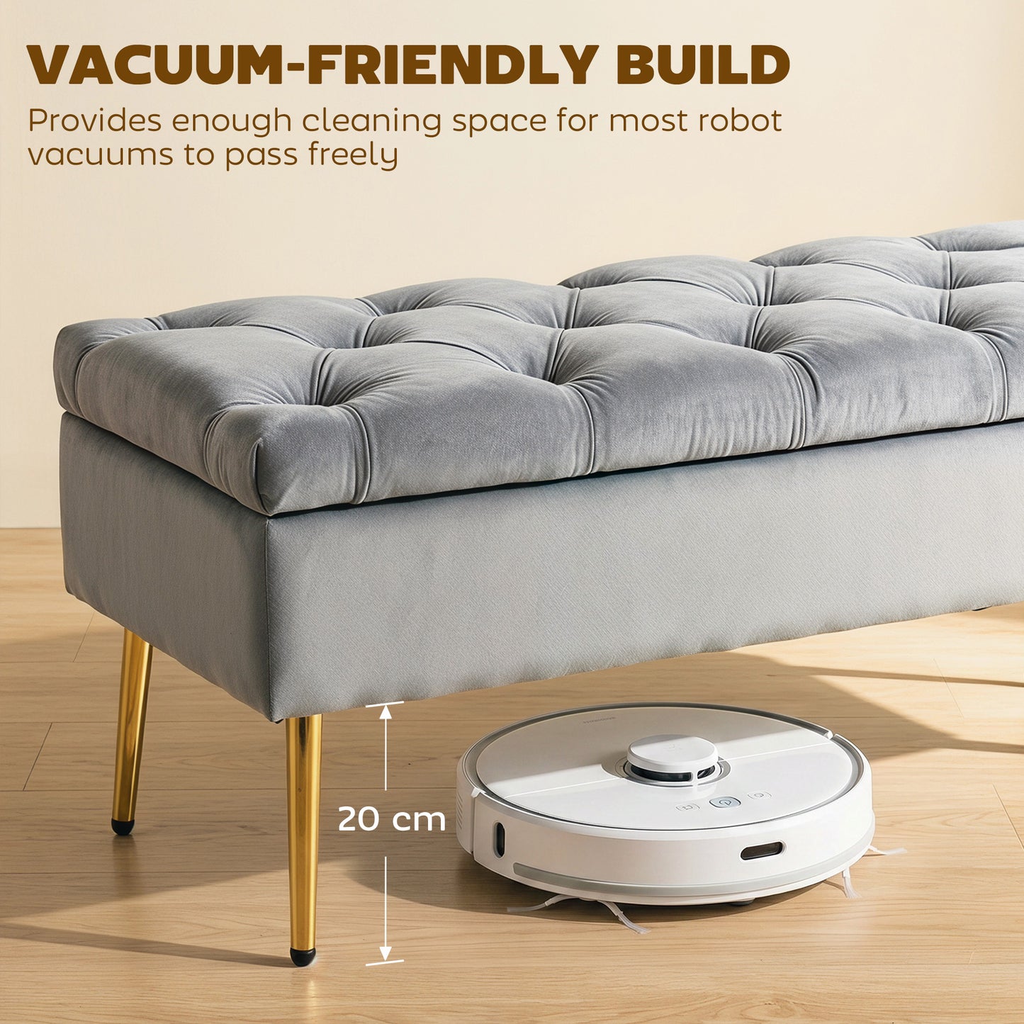 Upholstered Bedroom Bench with Gold Tone Metal Legs, Velvet Tufted and Thick Padding, Grey